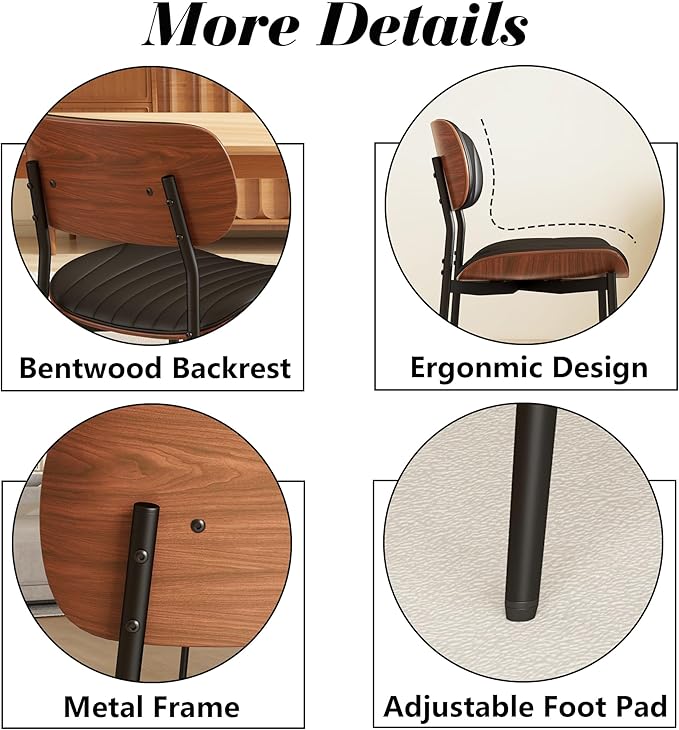 Modern PU Leather Dining Room Chairs Set of 2, Upholstered Kitchen Chairs with Walnut Bentwood Back and Metal Legs Adjustable Feet for Kitchen Dining Room(Balck)