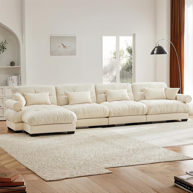 166" Oversized Couch, 4 Seater Modular Sectional Sofa, Beige White Large L Shaped Couches, Fluffy Couches, 4 Seater, Velvet Cloud Couch with Ottoman, Sofas for Living Room