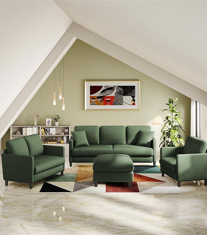83" Couches for Living Room, Comfy Sofas for Living Room with Storage Ottoman, Teddy Sofa Couch, Tool-Free Loveseat Sofa, All-Wood Love Seat Couches, L Shaped Couch 2 Pillow Included, Green