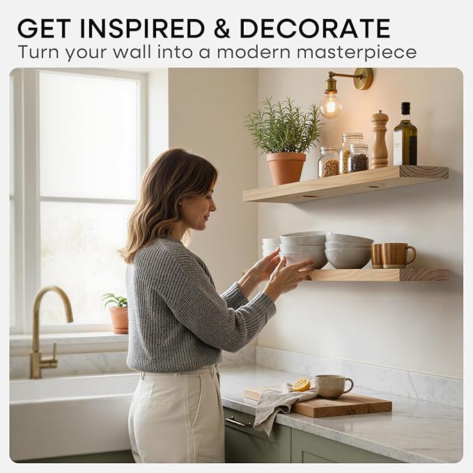 Homeforia 36 inch Natural Floating Shelf, High End Solid Real Wood 36inch Small Floating Shelves for Wall Mounted, Natural Wooden Floating Shelves, Heavy Duty Bracket, 36 X 6.5 X 1.75 in, Set of 4