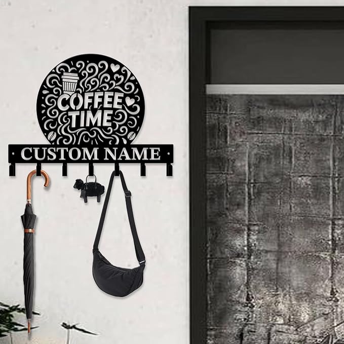 Coffee Bar Keys Holder - Metal Iron Wall Hooks with Custom Name | Personalized Home Decor & Gift Idea | Coffee-Themed Text Engraving Design (Style H)