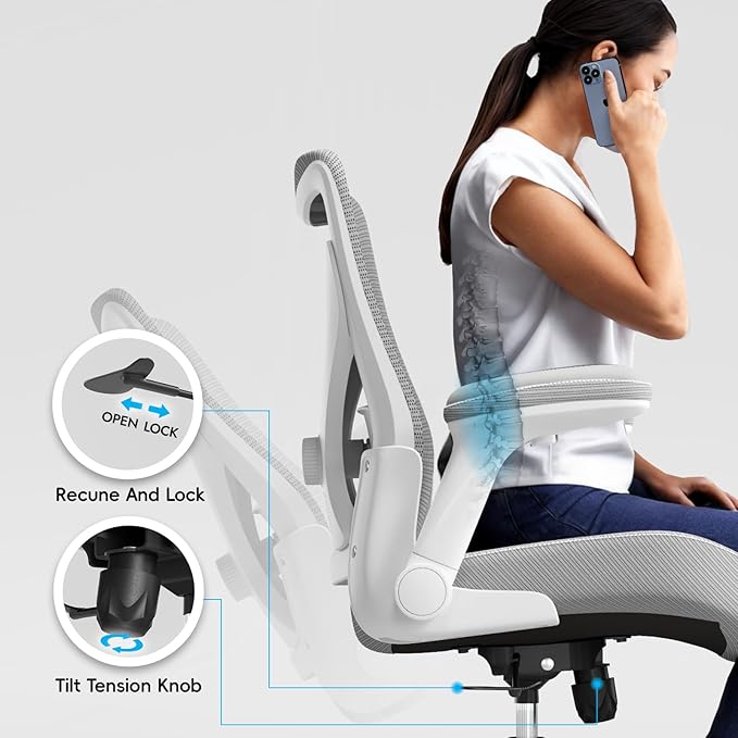 Office Home Ergonomic Desk Chair-Computer X-Shaped Chair Mesh PU Leather with Adjustable Lumbar Support-Executive Chair High Back Flip-Up Arms for Long Hours (White-Grey-No Headrest)