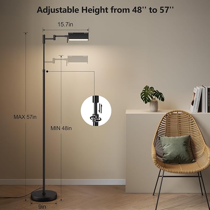 SUNMORY Dimmable LED Pharmacy Floor Lamp, 16W/1500LM Bright Reading Floor Lamp with Remote & Touch Control, 350°Swing Arm, Adjustable Task Craft Standing Lamp for Living Room Bedroom Office, Black