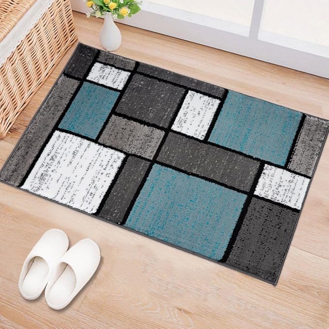 Rugshop Contemporary Modern Boxes for Home Office,Living Room,Bedroom,Kitchen Non Shedding Area Rug 2' x 3' Blue/Gray