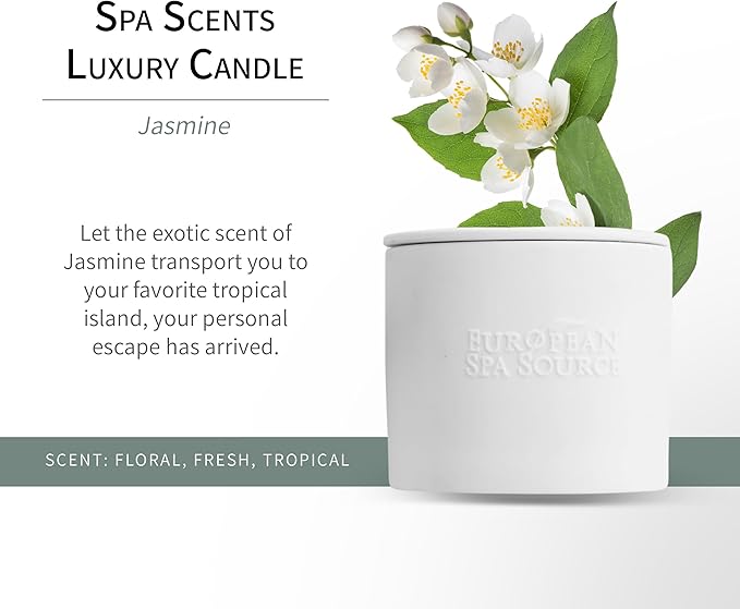 European Spa Source Jasmine Luxury Candle for Aromatherapy, Soy Wax Candle, Hand Poured, at Home Spa Experience Promoting Relaxation, 45 Hours of Burn Time