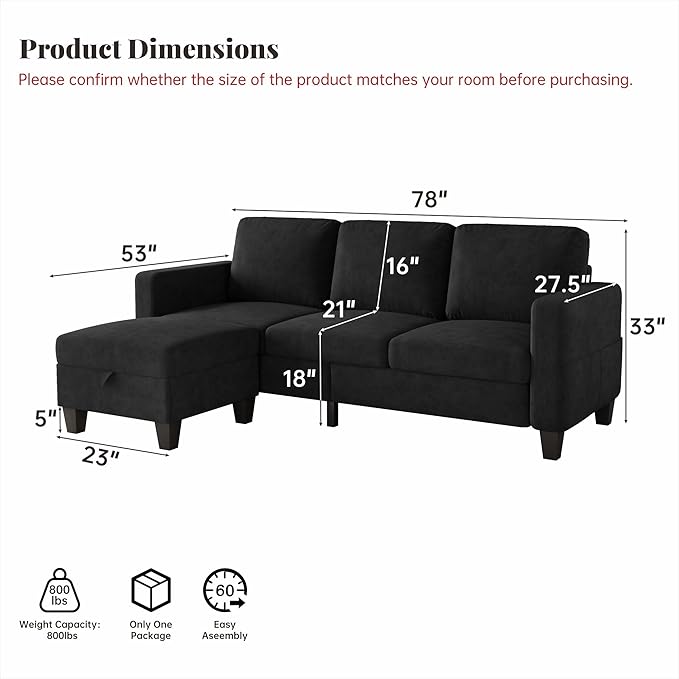 Small Sectional Couch, L Shaped Sectional Black Couch in a Box, Small Couches with Ottoman, 3 Seater Sofa for Living Room, Apartment, Dorm, Office