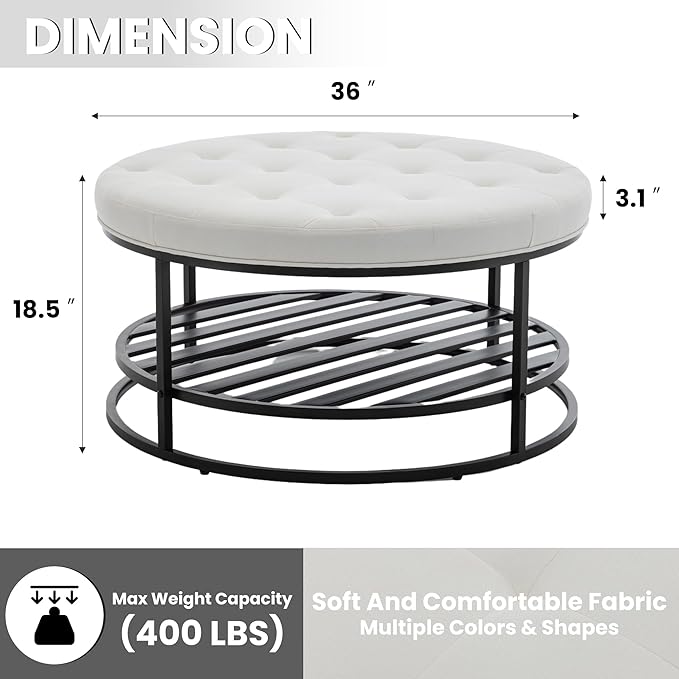 Ottoman Coffee Table with Upholstered Tufted Linen Fabric, Round Center Table with Storage Large Footrest Ottoman for Living Room Cream White