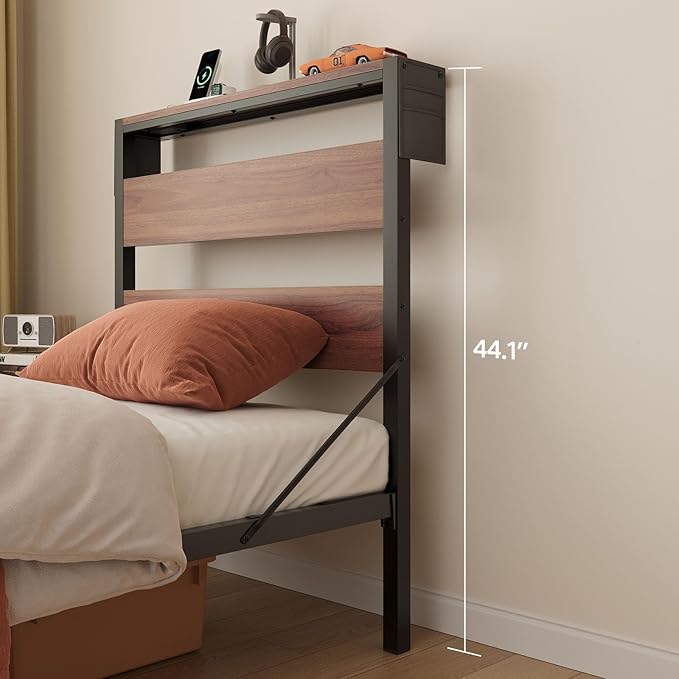 Bestier Twin Bed Frame with Storage Headboard and Charging Station, Walnut Platform Bed Frame with LED Light, Non-Slip Metal Bed Frame, Noise-Free, Easy Assembly,Brown