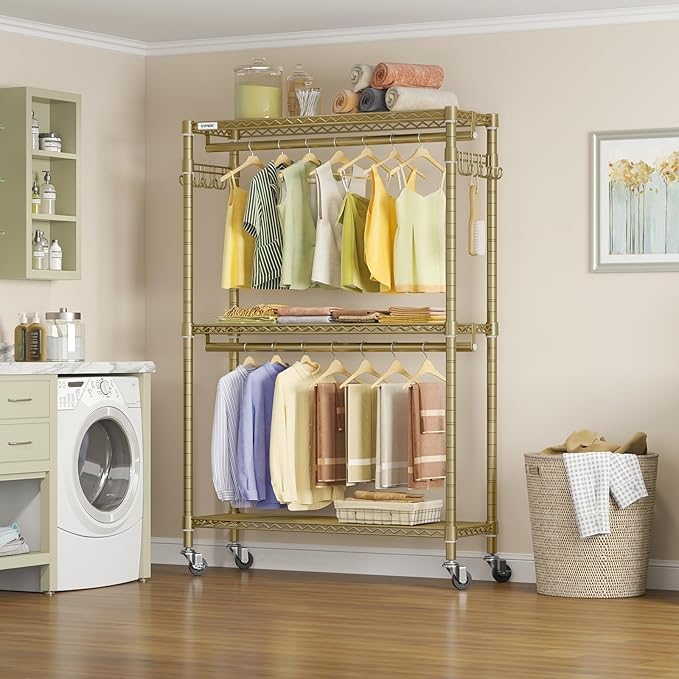 VIPEK R2 Plus Rolling Clothes Rack for Hanging Clothes Heavy Duty Garment Rack 3 Tiers Adjustable Wire Shelving Clothing Racks with Double Hanging Rods, Closet Organizers and Storage, Gold
