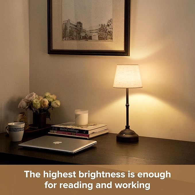 Cordless Table Lamp, Rechargeable Desk Lamp with Fabric Shade, Battery Operated Lamp 3 Color Stepless Dimming, Portable Small Touch Bedside Lamp Home Decor for Dining, Counter (Matte Black)