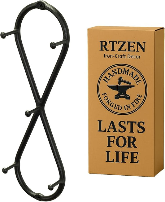 RTZEN Farmhouse Small Key Holder for Wall - Handcrafted Swirl Decorative 5 Key Hooks for Home Entryway - Wrought Iron Wall Mount Rack Purse Coat and Leash Holder or Organizer (Infinity Black)