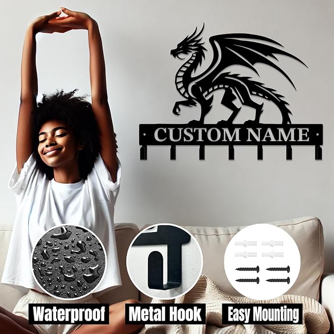 Personalized Evil Dragons Keys Hooks,Custom Name Metal Dragons Art Keys Hooks,Metal Dragons Lover Wall Home Storage Decorative Keys Hooks,Key Holder Hooks for Wall (Style F)