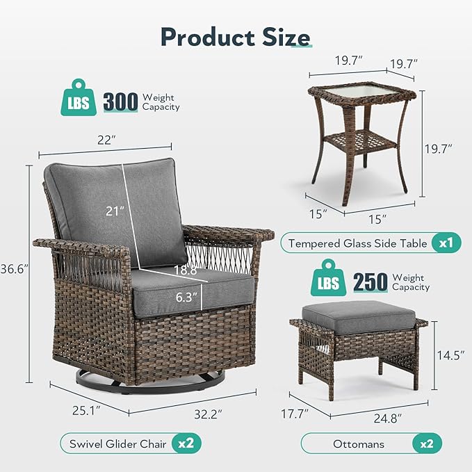5 Pieces Wicker Patio Furniture Set - Hollow Widen Armrests Outdoor Swivel Glider Chairs with Side Table & Ottomans, Small Patio Conversation Set for Balcony Porch Deck and Yard - Brown/Gray