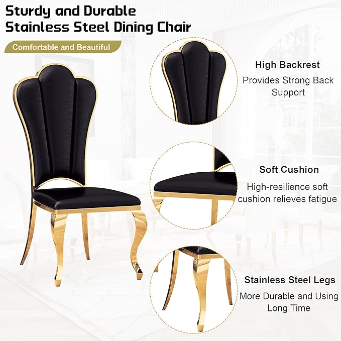 Dining Table Set for 6, 7-Piece Kitchen Table Chairs Set, Modern Dining Room Set with 70'' Marble Dinner Table and 6 Petaloid Backrest Upholstered Chairs for Kitchen, Black & Gold