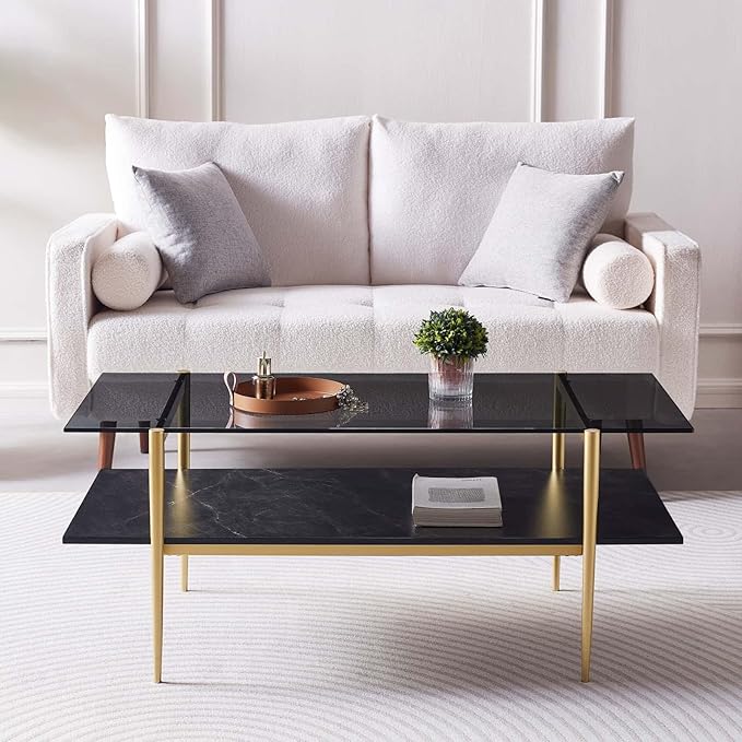 Rectangle Coffee Table for Living Room, Mid-Century Modern Design, L41 x W21 x H17, 2-Tier Structure, Clear Glass Top and Black Marble Wood Shelf, Conical Metal Legs with Gold Finish