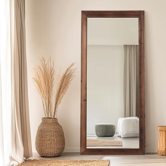 Rustic Farmhouse Full Length Mirror with Stand 71"X32" Large Wood Frame Floor Mirror, Leaning or Wall Mounted Free Standing Mirror for Entryway Bedroom Living Room, Tempered Glass, Brown