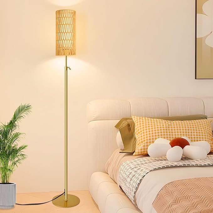 Gold Floor Lamps for Living Room Boho Rattan Floor Lamp with Remote Control & 3 Color Temperature Vintage Wicker Standing Lamp Dimmable Tall Floor Lamp for Bedroom Living Room Corner