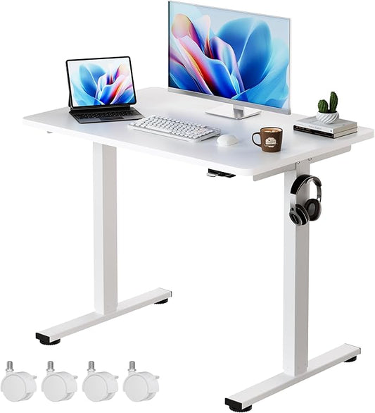 Okin Electric Standing Desk, 40 x 24 Inches Whole Piece Height Adjustable Desk, White Sit to Stand Desks Computer Workstation with Wheels for Home Office