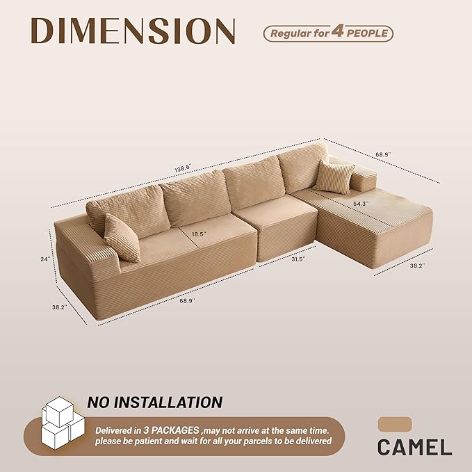 138" Boneless Couch with Deep Seat, Modular Sectional Sofa, Cloud Sectional Couch for Living Room, No Assembly Required, Corduroy, 4 Seater L-Shape Right, Camel