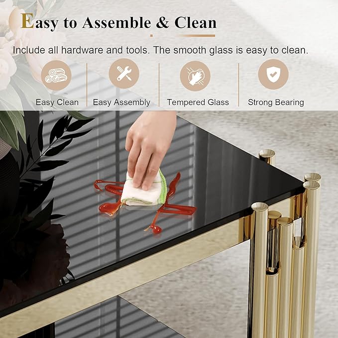 Glass Gold Coffee Table Set of 2,Modern Rectangle Coffee Table and Console Table w/Storage,Glass Coffee Table Set with Steel Frame,2 Pieces Living Room Table Set for Apartment Home Office