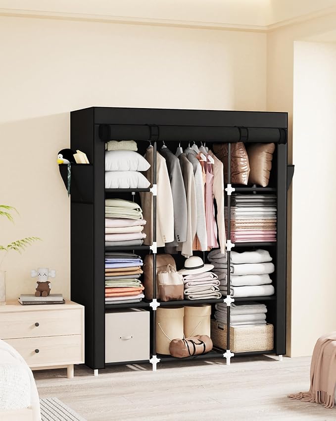 Mavivegue Portable Closet, Wardrobe Closet Organizer with Cover, 3 Hanging Rods and Shelves,Large Capacity for Bedroom, Living Room (Black, 59" W x 18" D x 64" H)