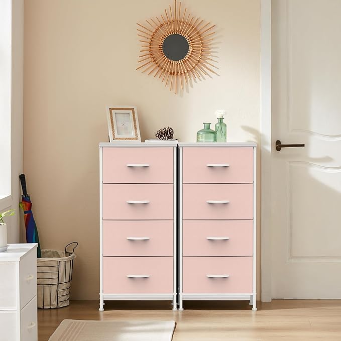DUMOS Nightstand with 4 Drawers Bedside Table with Removable Fabric Bins Sturdy Steel Frame Wood Top Organizer Furniture for Bedroom Closet Living Room,Pink