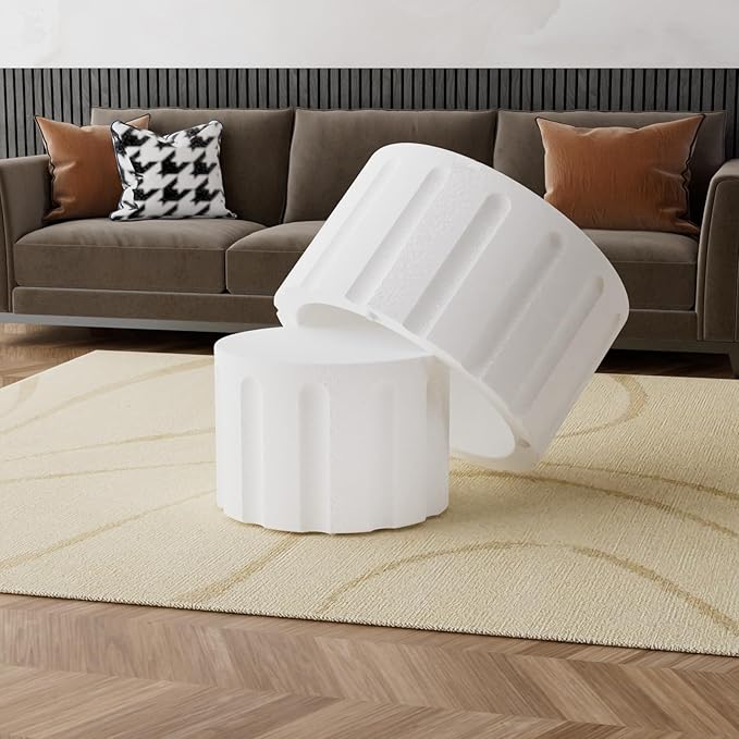 Round Nesting Coffee Table Set of 2, Round Fluted Coffee Tables for Living Room Modern Nesting End Side Tables for Small Spaces (B White)