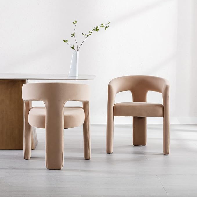 Modern Velvet Fabric Upholstered Dining Chairs with Open-Back, Cute Barrel Side Chairs Kitchen Armchair Accent Chairs for Dining Room Bedroom, Khaki