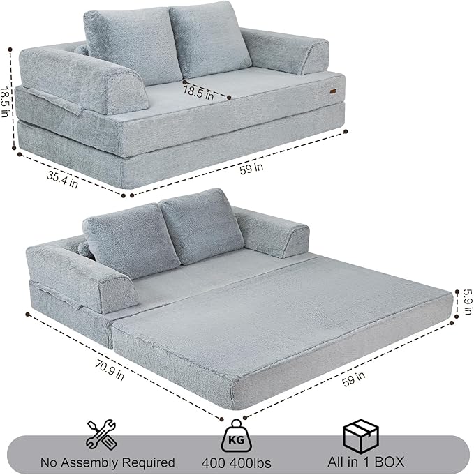 COMAX Convertible Sofa Bed, Folding Floor Couch Fold Out Couch Bed Futon Sleeper Mattress with Pillows, Boneless Sofa Comfy Lounge Loveseat for Living Room Bedroom, Snow Light Grey