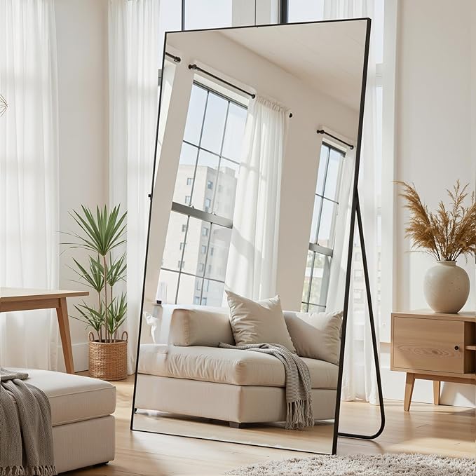 Full Length Mirror, 81"x41" Full Body Mirror, Floor Mirrors with Stand, Body Mirrors Standing Hanging Leaning Against Wall,Aluminum Frame Mirrors for Bedroom Cloakroom,Living Room,Black