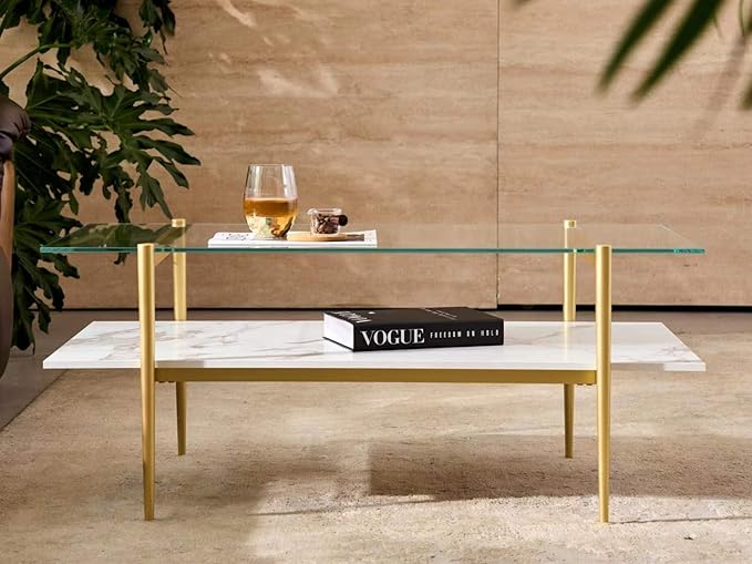 Shrine Rectangle Coffee Table, Mid-Century Modern Design, 2-Tier Structure, Clear Glass Top and White MDF Shelf, 41" D x 21" W x 17" H, Sleek Conical Metal Legs with Gold Finish