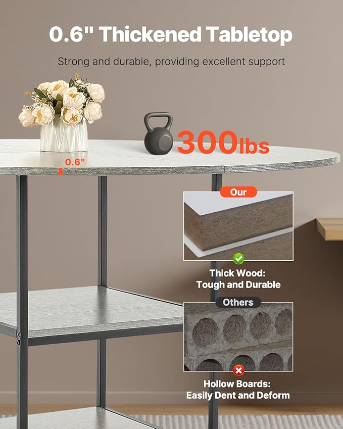 VEVOR Round Dining Table, 47 inch Wood Table for 4-6 Person, Modern Circle Dinner Furniture, Leisure Tables with Storage Shelf and Metal Legs, for Home Kitchen Living Room, Grey (Only Table)