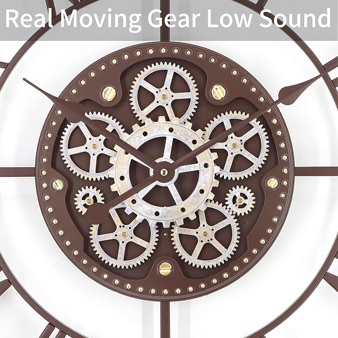24 Inch Large Wall Clocks for Living Room Decor with Moving Gears,Large Wall Clock Industrial Steampunk,Oversized Metal Analog Wall Clocks for Farmhouse Home Battery Operated