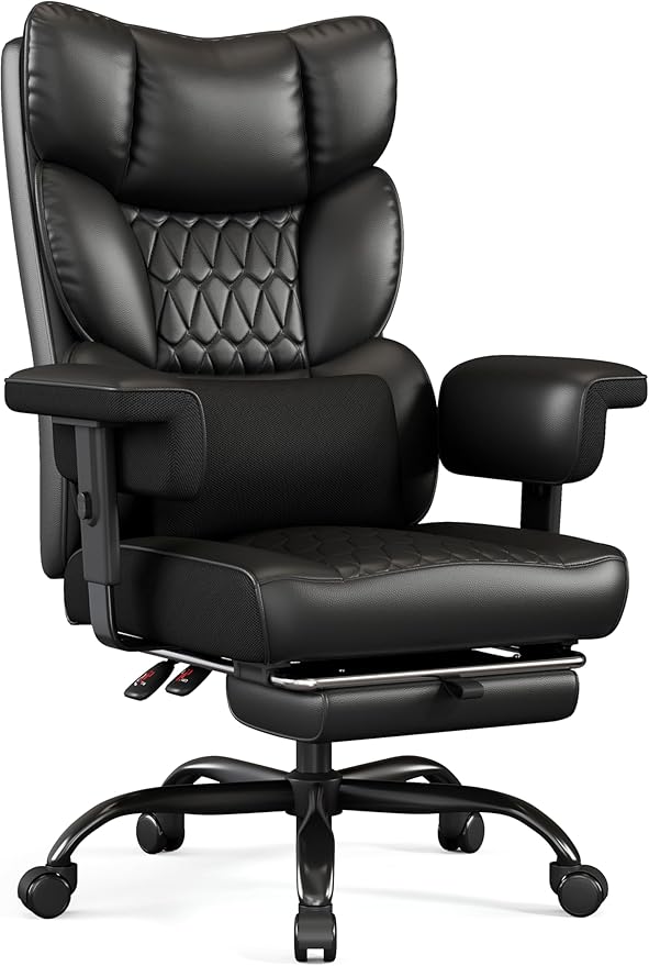 Misolant Big and Tall Office Chair with Footrest, High Back Executive Desk Chair with Adjustable Lift Armrest, 155°Recline，Lumbar Support Pillow, Faux Leather Gaming Chairs for Home or Office Black