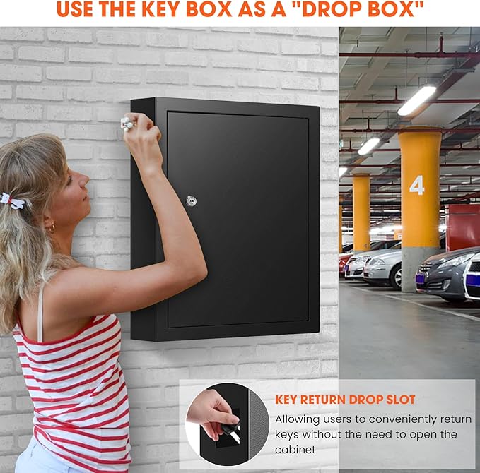 125 Key Lock Box Wall Mount with Anti-Theft Deposit Key Slot, Key Cabinet with Key Hooks & 125 Tags Key Labels, Key Safe for Hotels & Office & Companies & Car Dealerships