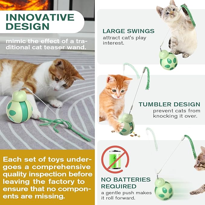 Interactive Cat Toys,Tumbler Design with High-Bounce Teaser Wand,Food Dispense Function for Slow and Healthy Feeder,Suitable for Kittens,Young and Adults Cats on Safe,Funny Play