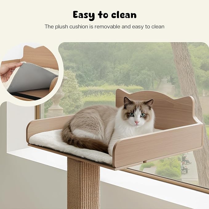 Cat Window Perch with Thick Sisal Scratching Post, Cats Hammock for Window with 3 Upgrade Suction Cups, 55" Adjustable Tall Cat Scratching Post with Large Perch, Cats Window Bed with Fuffy Cushion
