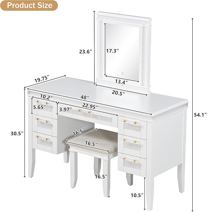 Merax 48" Vanity Desk with Mirror and Lights, Makeup Vanity with 7 Drawers and Cushioned Stool, Classic Finish Dressing Table with Hollow Design Drawer for Bedroom, Rubber Wood Legs, Light-Beige