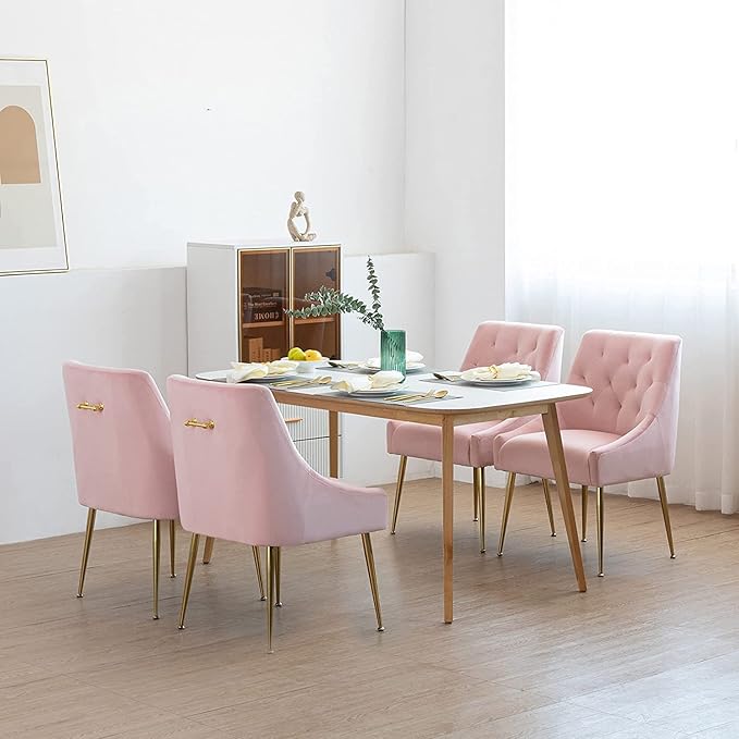 Modern Dining Chairs Set of 6, Mid Century Chairs with 5.12” Cushions and Golden Legs, Velvet Upholstered Dining Chairs with Back Pull Rod, for Kitchen, Living Room, Pink