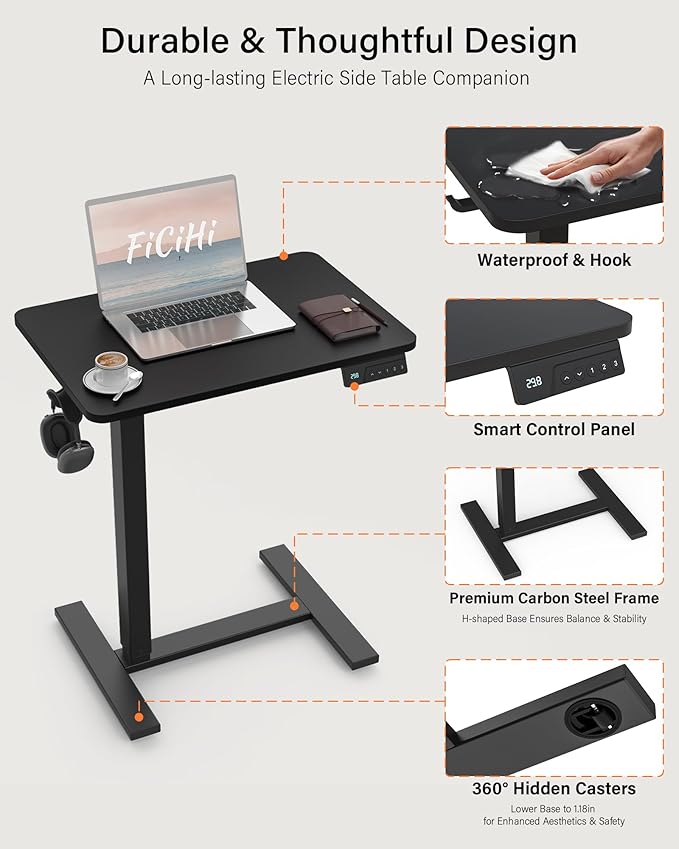 FiCiHi Small Electric Standing Desk - Adjustable Height Bedside Laptop Table with Wheels, Mobile, Portable Rolling Computer Workstation Sit Stand Table for Home Office, Sofa, Couch Use (28x16, Black)