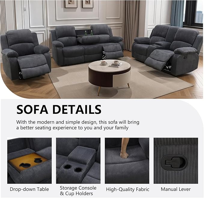Manual Recliner Sofa Set,Microfiber Reclining Couch Set,Modern Living Room Furniture Set,Reclining Sofa Couch Chair for Living Room Home Office(Dark Grey,Sofa+Loveseat)