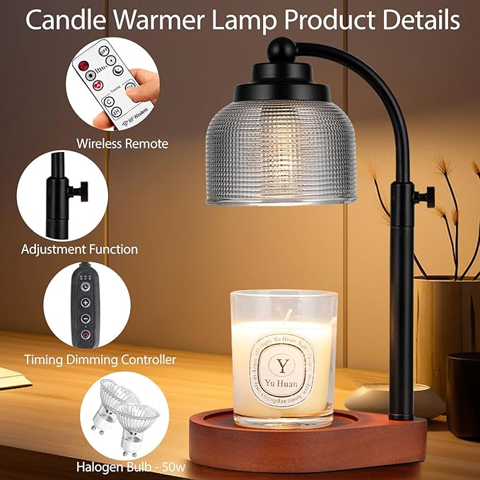 Candle Warmer Lamp Remote Control, Timer and Dimmer, Birthday Gifts for Women Mom Sister, House Warming Gifts Vintage Home Decor, Adjustable Height Wax Melt Warmer for Jar Candles with 2 Bulbs