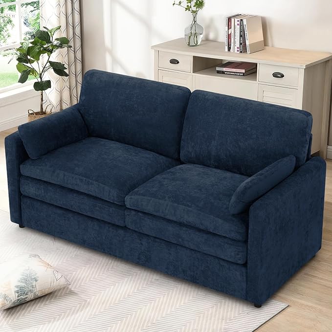 69" Chenille Modern Couch with Cozy & Soft Backrests, 2 Seats Sofa with 2 Extra Pillows, Comfy Upholstered Sofa with Thicker Cushions for Living Room, Office, Blue