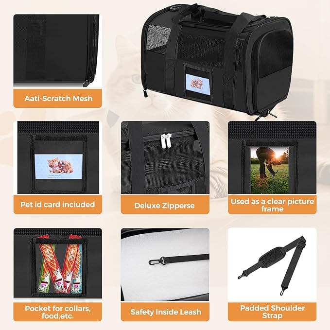 Pet Carrier 17Lx12Wx11H inches, Airline Approved,Pet Travel Carrier Bag for Small Cats and Dogs, Soft Dog Carrier for 1-25 LBS Pets,Dog Cat Carrier with Safety Lock Zipper (Black)
