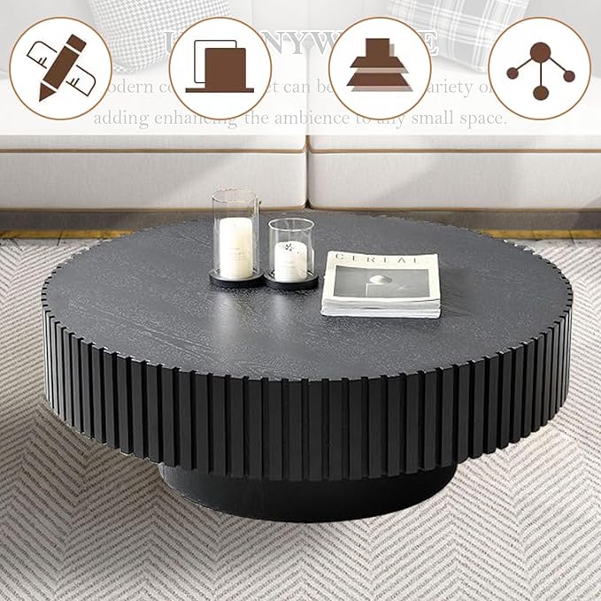 Round Coffee Table, Handcrafted Fluted Drum Coffee Tables Modern Wood Coffee Table Circle Drum Center Table for Living Room, Apartment (Round Black)