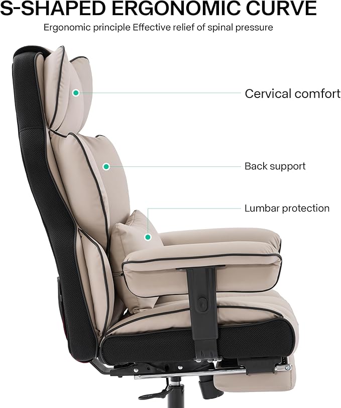 Big and Tall Office Chair 400lbs Wide Seat,High Back Gaming Chair with Foot Rest, Ergonomic Reclining Executive Office Chair Lumbar Support,Leather Computer Chair Adjustable Arm(Black Beige)