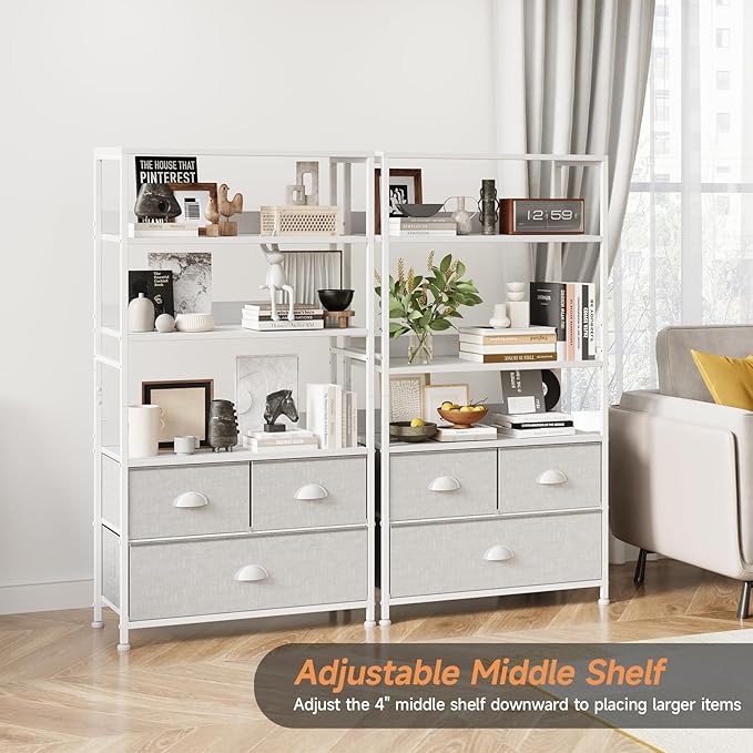 6 Tier Bookshelf, Bookcase with 3 Storage Drawers, Wood and Metal Book Shelf Storage Organizer, Industrial Display Standing Shelf Unit for Bedroom, Living Room, Rustic Brown, White