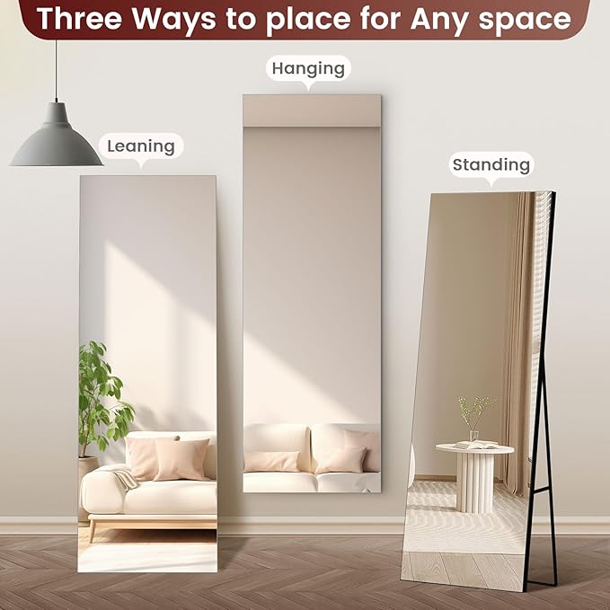 Kosmonia 56x18 Frameless Full Length Silver Coating Mirror w/Distortion Free, HD Reflection &Anti Desilvering, Tempered Glass & Shatter Proof Film Doubling Safety, Easy Setup w/Stand, Wall/Standing