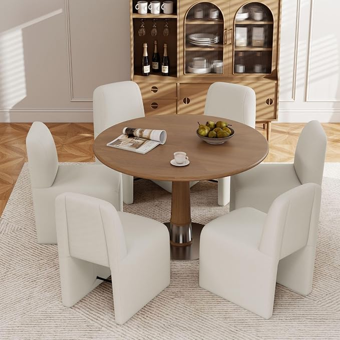 White Upholstered Chenille Dining Chairs Set of 4, Mid Century Modern Dining Room Chairs with Deep Seat & Curved Back, Armless Side Chair Comfy Kitchen Chairs for Living Room/Kitchen