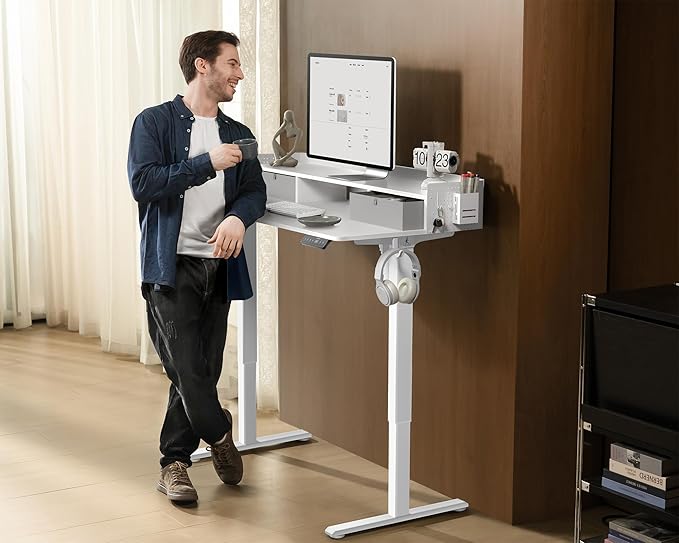 55x24 Inches Electric Standing Desk with 2 Drawers, Height Adjustable Stand up Desk for Home Office, Ergonomic Sit to Stand Table with Storage Shelf, DIY Board, Hooks, White